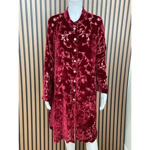 Victor Costa Women's Dress Shirt Velvet Side Slit Silk Vintage 1X Red Floral